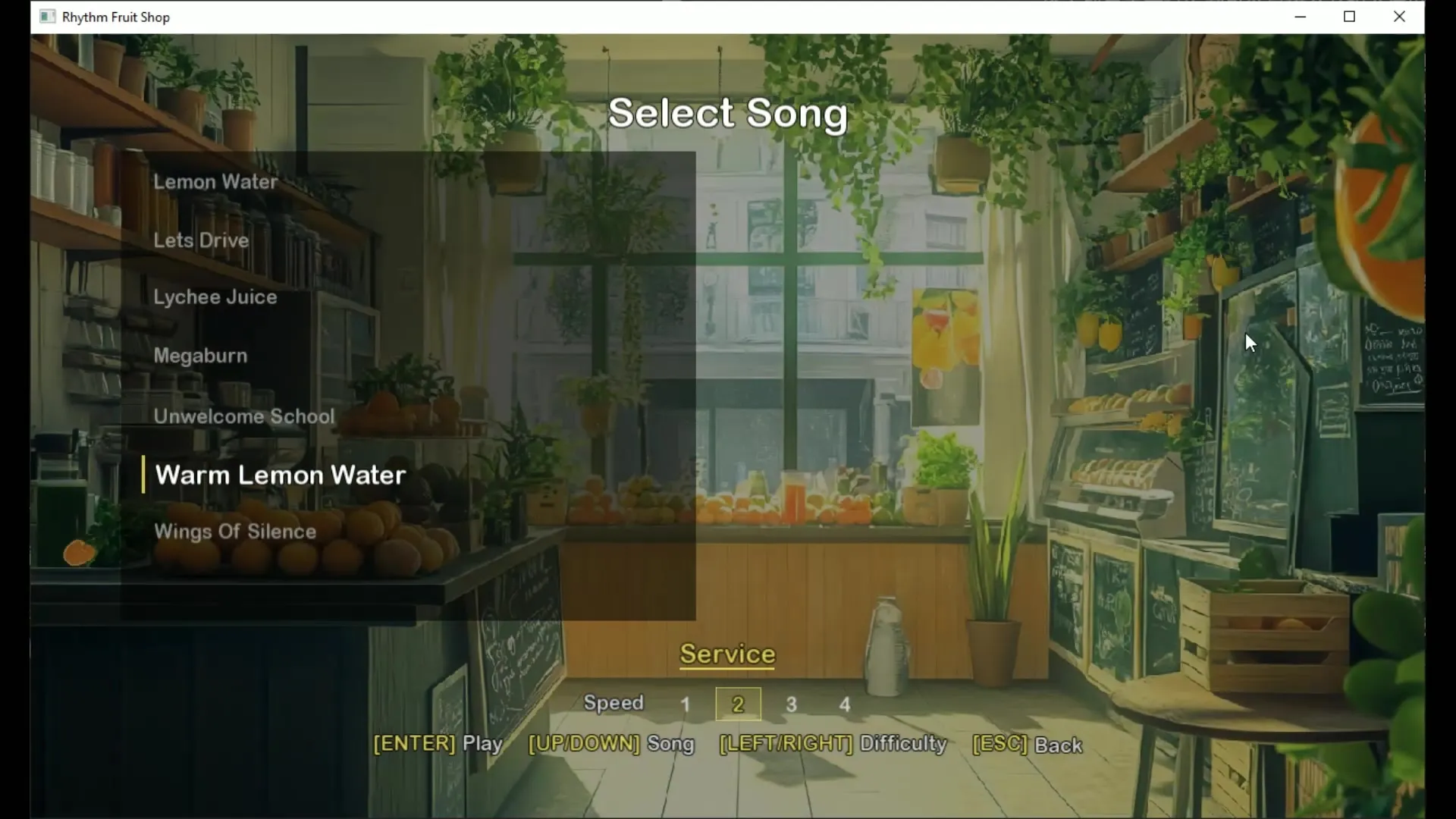 Rhythm Fruit Shop gameplay — notes descending toward the judgment line in a fruit-shop themed rhythm game