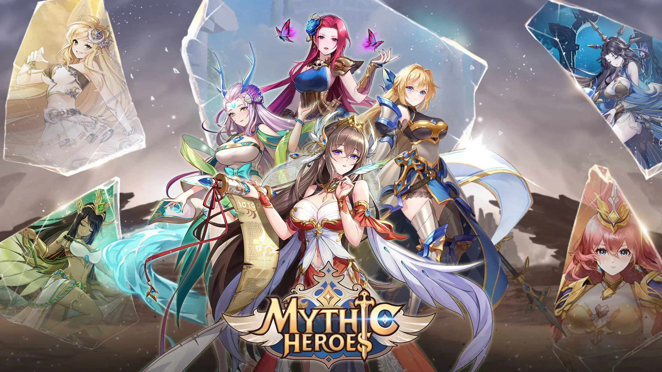 Mythic Heroes key art — stylized fantasy heroes assembled for battle